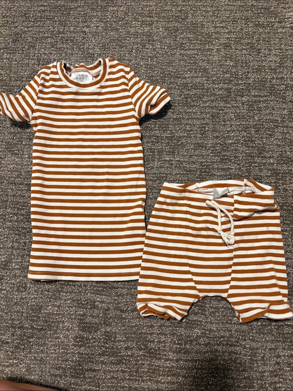 Mebie baby Rust and Cream Striped Tee & Shorts Set